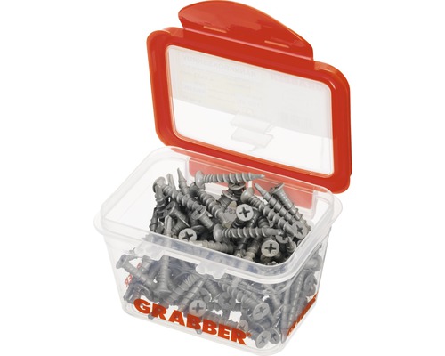 Skruvar i en genomskinlig plastlåda med rött lock