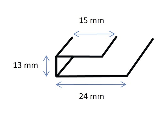 Illustration av en U-profil med måtten 13 mm, 15 mm och 24 mm.