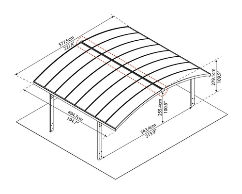Teknisk ritning av en carport med mått.