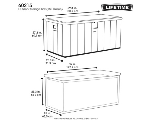 Bild på en trädgårdsbox med dimensioner och Lifetime-logotyp.