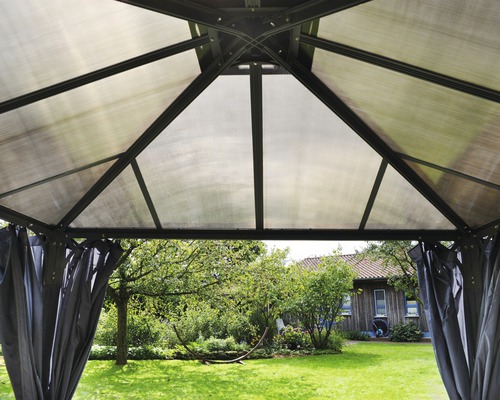 Interiörbild av ett lusthus med tak och gardiner