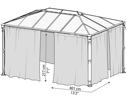 Bild av en trädgårdspaviljong med gardiner och mått