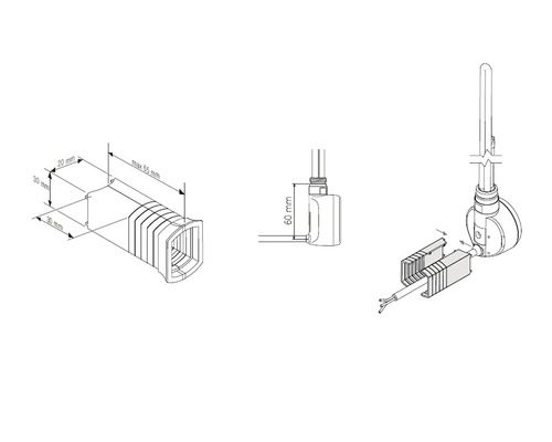 Schema över en kabelförskruvning med måtten 20 mm, 30 mm och maximalt 65 mm.