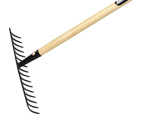 Räfsa med träskaft och metallpinnar