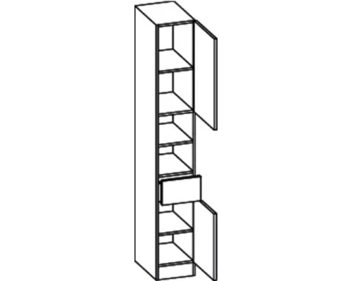 Bild av ett badrumsskåp med låda och flera hyllor