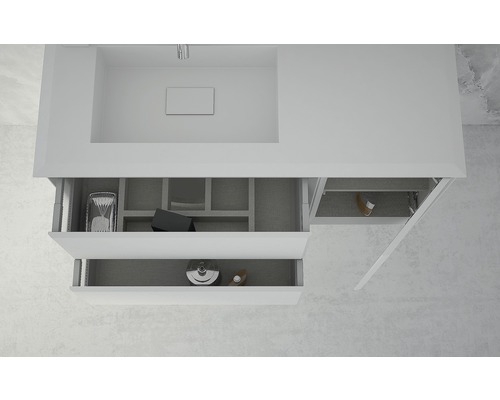 Tvättställsskåp med öppna lådor och förvaringsutrymme