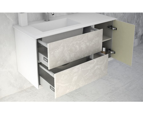 Tvättställsskåp med två lådor och en dörr