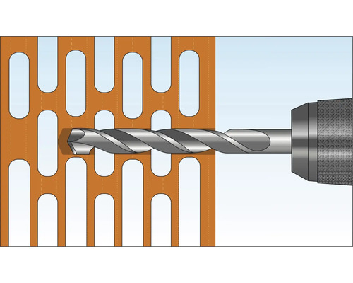 Illustration av en borr som borrar genom en perforerad plåt.