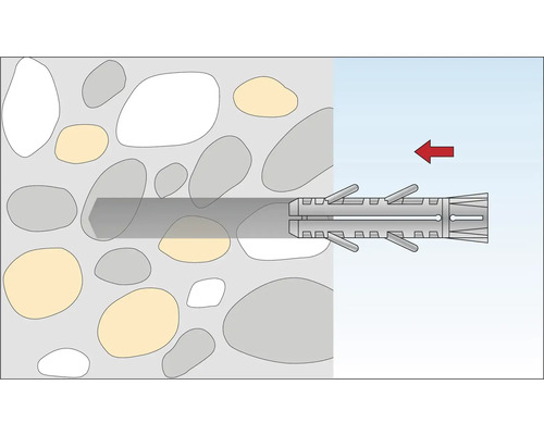Illustration av en pluggfixering i en stenmur med en röd pil som visar riktningen