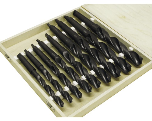 Uppsättning spiralborrar i en träask