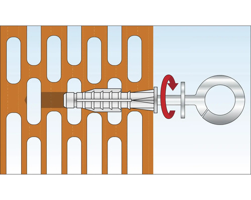 Illustration av en plugg i en perforerad tegelvägg med en skruv som roterar