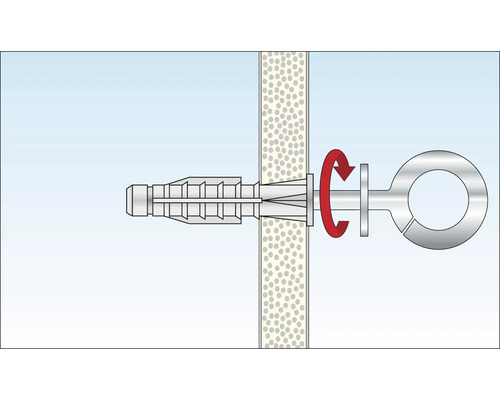 Illustration av en plugg med ringögla och röd pil för rotationsriktningen