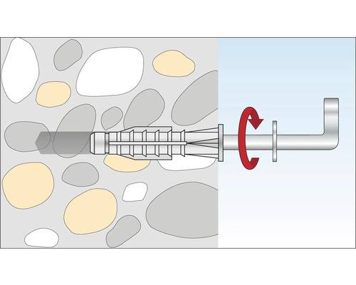Illustration av en pluggfästning i en vägg med roterande rörelse.