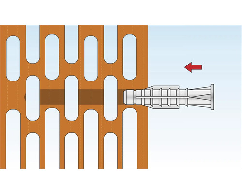 Illustration av en pluggfästning i en perforerad tegelvägg.