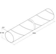 Illustration av en ventilationskanal med måtten 100 millimeter i diameter, 0,6 millimeter väggtjocklek och 2000 millimeter lång