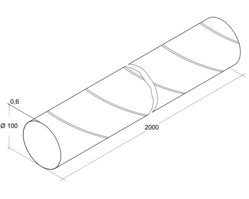 Illustration av en ventilationskanal med måtten 100 millimeter i diameter, 0,6 millimeter väggtjocklek och 2000 millimeter lång