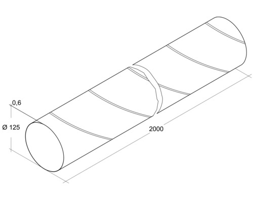 Illustration av ett spirallindat rör med måtten 125 millimeter i diameter och 2000 millimeter i längd