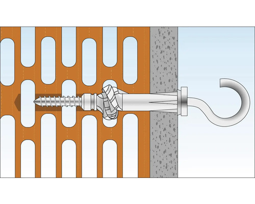Illustration av en hålrumsplugg med skruvkrok i en vägg.
