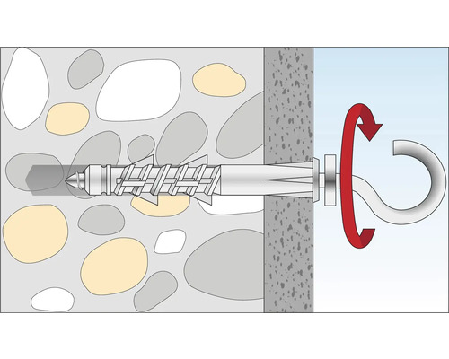 Illustration av en skruv med krokfäste i en betongvägg.