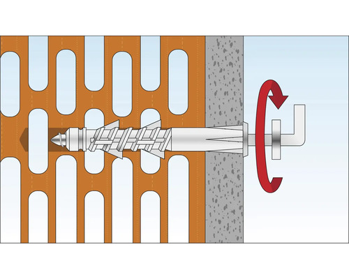 Illustration av ett skruvankare i en perforerad fasad och en betongvägg med roterande rörelse