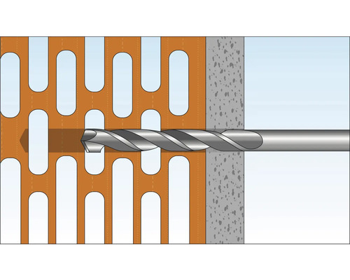 Illustration av en borr som borrar ett betongmur genom en tegelsten.