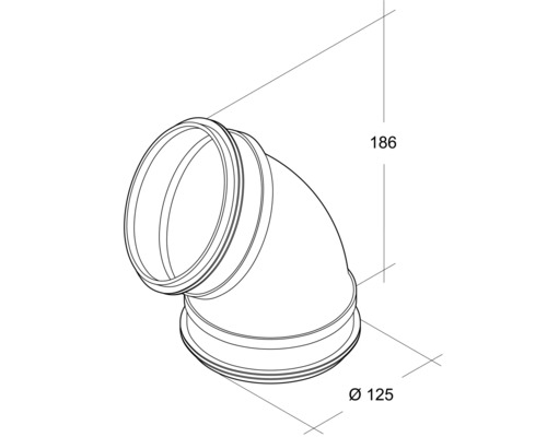 Rörböj med en diameter på 125 mm och en höjd på 186 mm