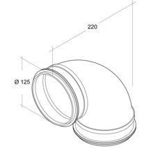 Bild av ett vinkelrör med dimensionerna 125 mm i diameter och 220 mm i längd