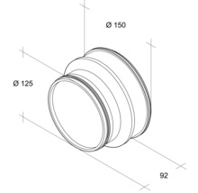 Teknisk ritning av ett rörkopplingsstycke med diametrarna 125 millimeter och 150 millimeter samt en längd på 92 millimeter.