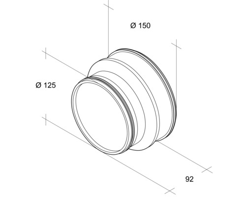 Teknisk ritning av ett rörkopplingsstycke med diametrarna 125 millimeter och 150 millimeter samt en längd på 92 millimeter.