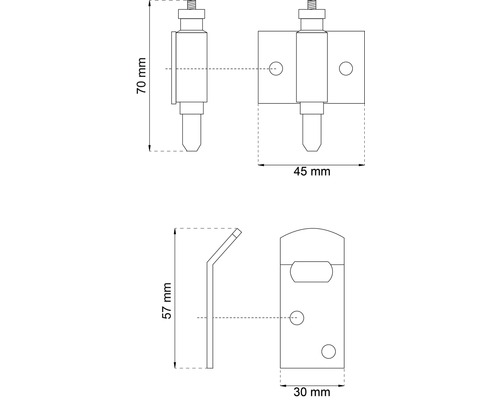 Teknisk ritning av en dörrstängare med måttangivelser