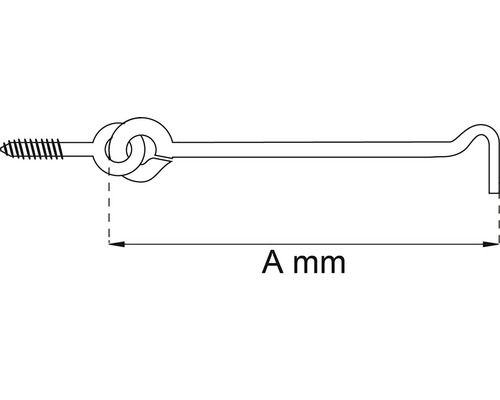 Skiss av en krok med ögla med skruv och måttangivelse