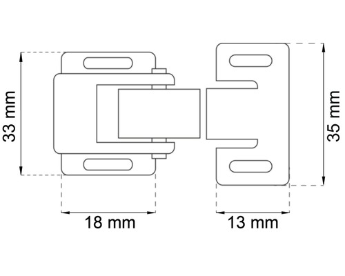 Skiss av en dörrstängare med måtten 33 mm x 18 mm och 35 mm x 13 mm