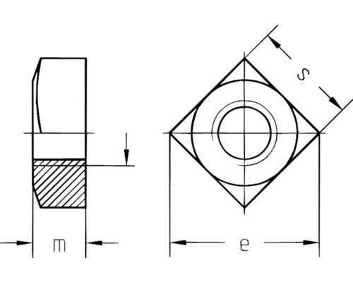 Teknisk ritning av en fyrkantmutter med dimensioner
