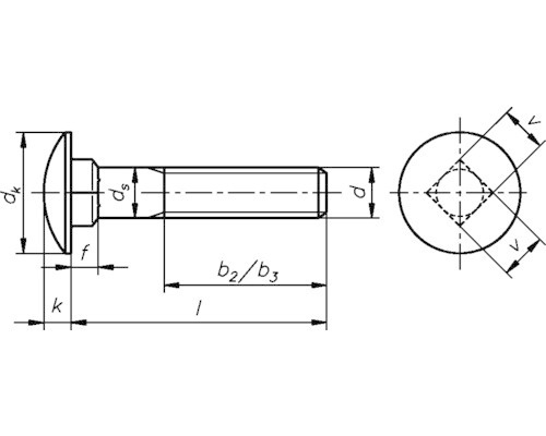 Teknisk ritning av en vagnsbultshuvud med måttangivelser