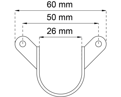 Rörklammer med måtten 60 mm, 50 mm och 26 mm som en teknisk ritning