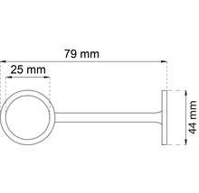 Teknisk ritning av ett gardinstångsfäste med måtten 79 mm längd, 25 mm ringdiameter och 44 mm höjd