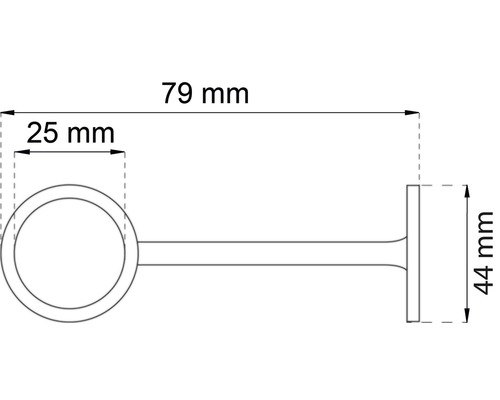 Teknisk ritning av ett gardinstångsfäste med måtten 79 mm längd, 25 mm ringdiameter och 44 mm höjd