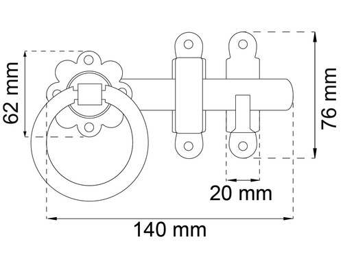 Teknisk ritning av en grindlås med ring och måttangivelser