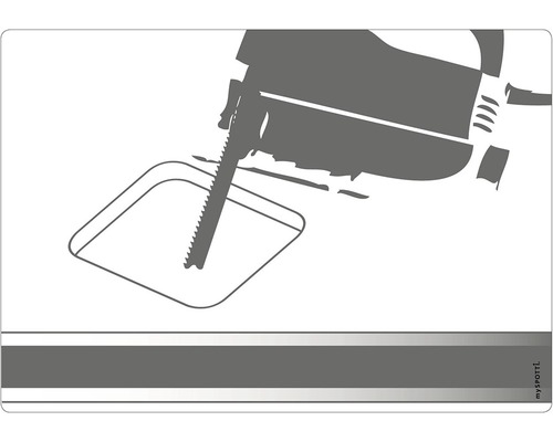 Illustration av en sticksåg som sågar ut en fyrkantig form.