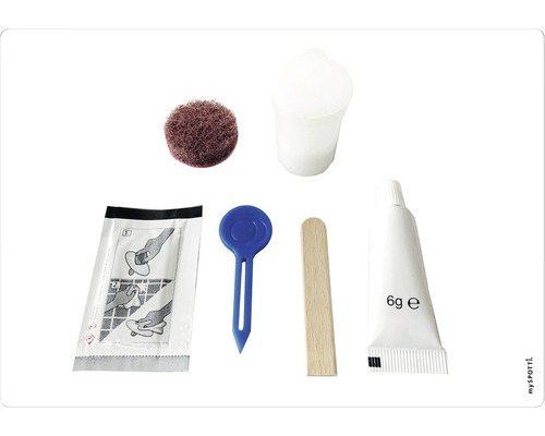Reparationssats med slipduk, bägare, rengöringsduk, spackel, omrörningspinne och tub med 6 gram innehåll