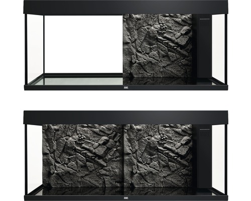 Två akvarier med bakgrund av bergvägg