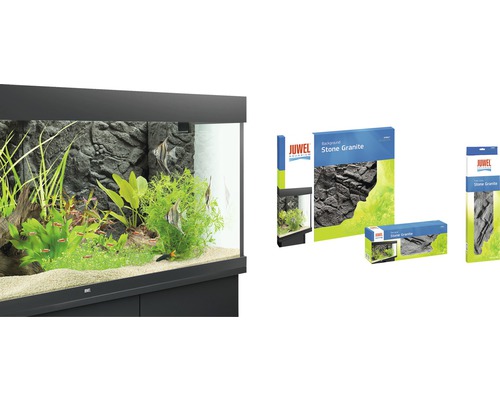 Akvarium med granitbakgrund och Juwel Aquarium-logotyp