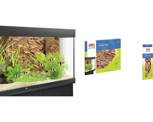 Akvarium med stenbakgrund och förpackningar av Juwel Aquarium Stone Clay-bakgrunder