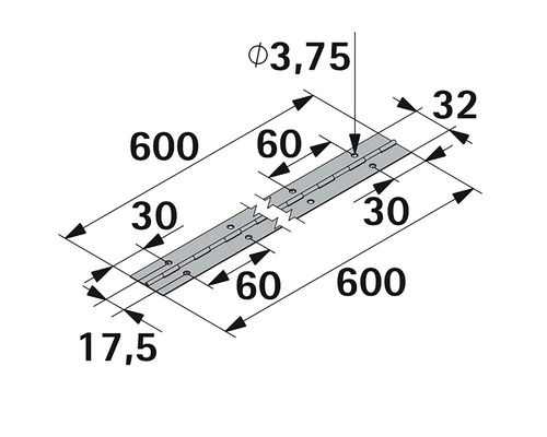 Teknisk ritning av ett pianogångjärn med mått