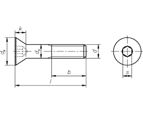 Teknisk ritning av en försänkt skruv med insexkant