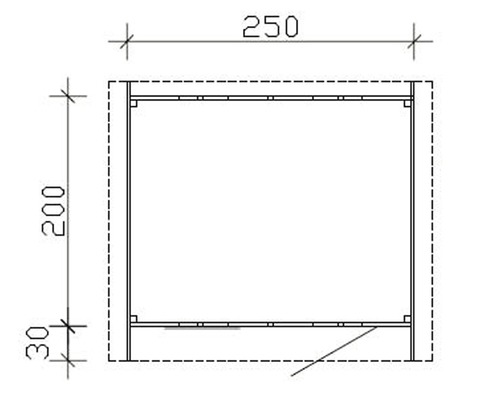 Teknisk ritning av en hylla som mäter 250 x 200 x 30 millimeter.