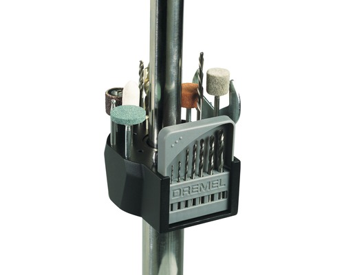 Dremel tillbehörssats med borrar och sliphuvuden på verktygsstativ