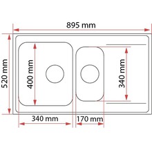 Ritning av en diskho med måtten 895 x 520 millimeter