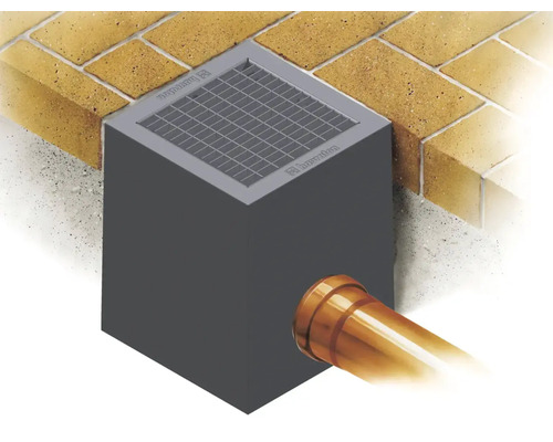 Översikt över en gatubrunn i plast med galler och röranslutning