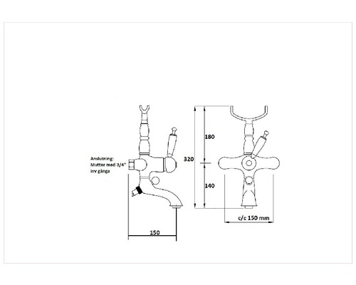 Badkarsblandare DUSCHBYGGARNA Oxford guld 335 mm 150 mm c/c